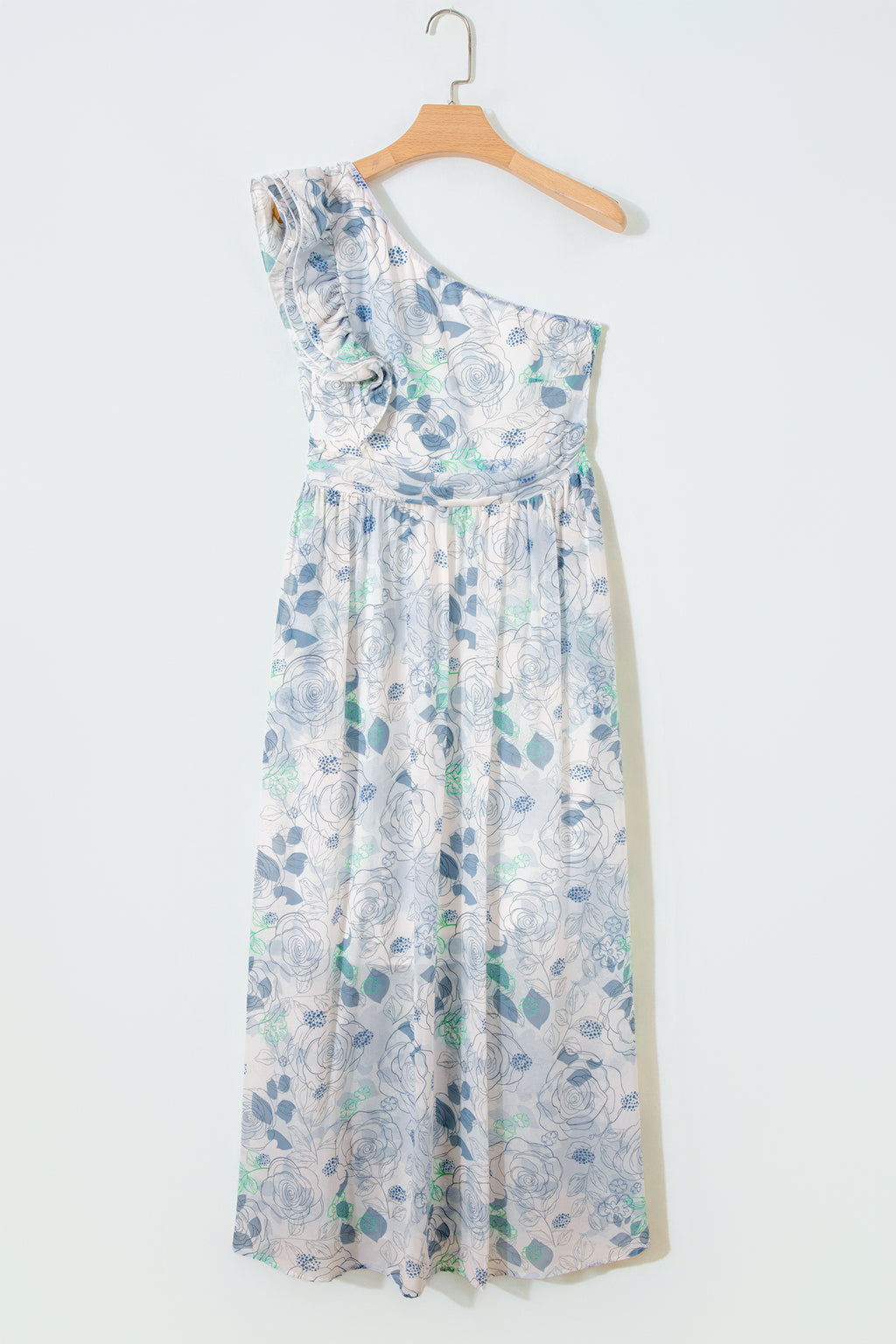 Blue Floral One Shoulder Ruffle Maxi Dress