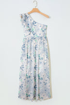 Blue Floral One Shoulder Ruffle Maxi Dress