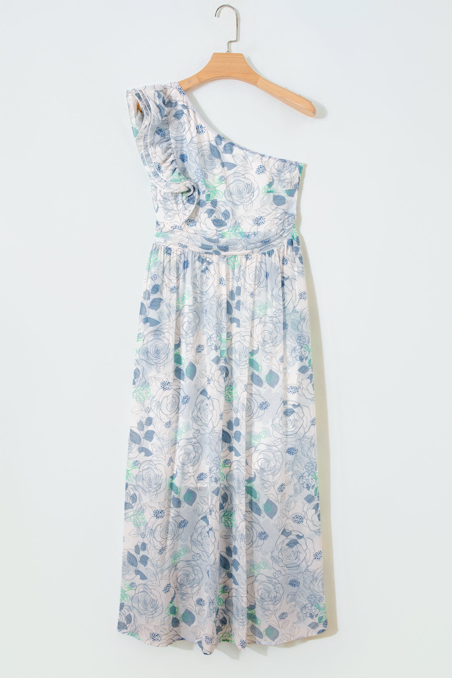Blue Floral One Shoulder Ruffle Maxi Dress