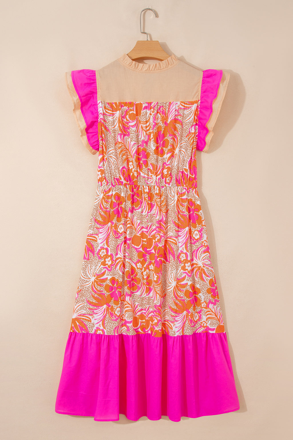 Floral Color-Block Ruffle-Sleeve Flared Midi Dress