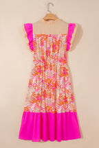 Floral Color-Block Ruffle-Sleeve Flared Midi Dress