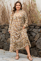 Abstract Plant Print Long-Sleeve Maxi Dress