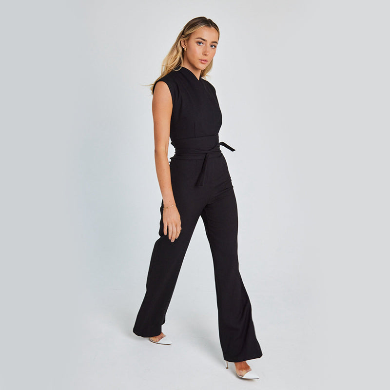 Belted V-Neck Sleeveless Wide-Leg Jumpsuit