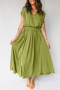 V-Neck Cap Sleeve Elastic Waist Maxi Dress