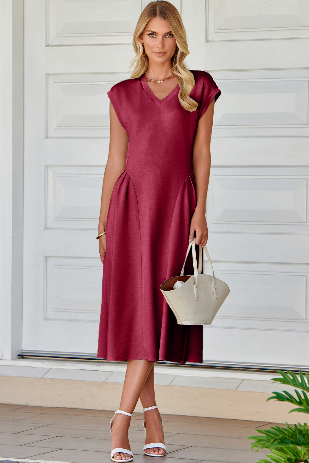 V-Neck Pleated Flared Midi Dress
