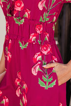 Red Floral Ruffle V Neck Short Sleeve Maxi Dress