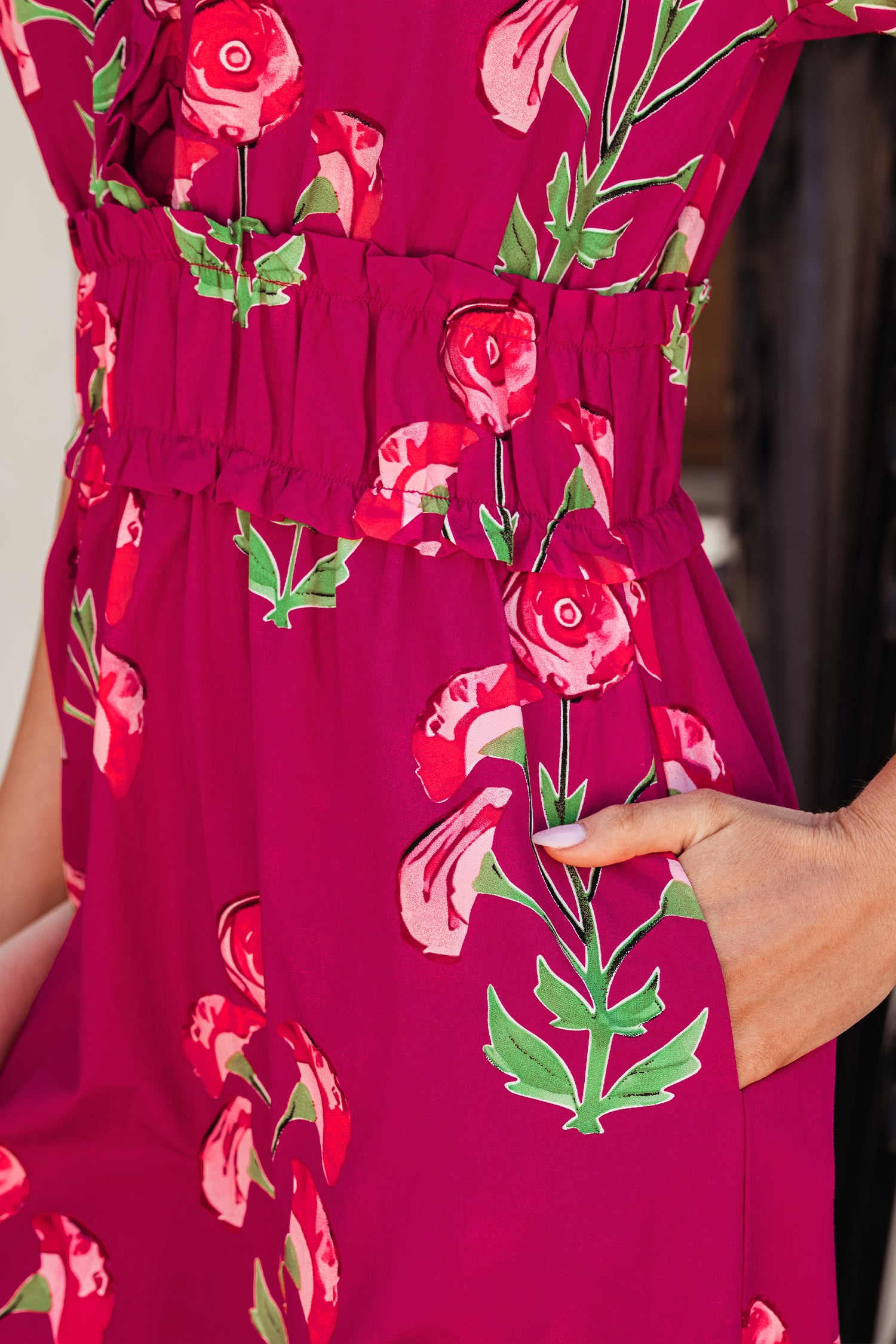 Red Floral Ruffle V Neck Short Sleeve Maxi Dress