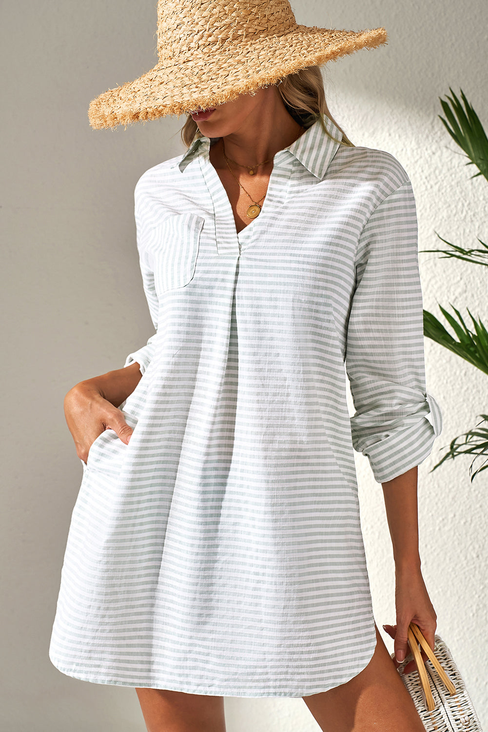 Striped Collared Long-Sleeve Beach Cover-Up