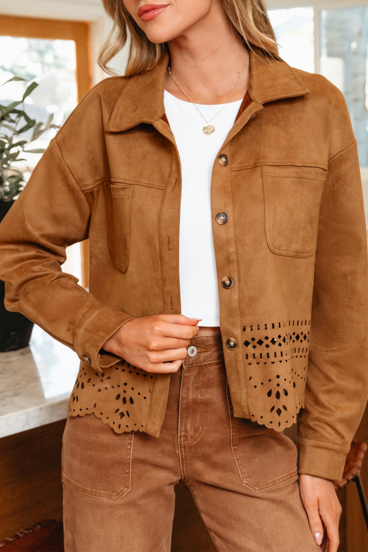 Faux Suede Cutout-Detail Jacket