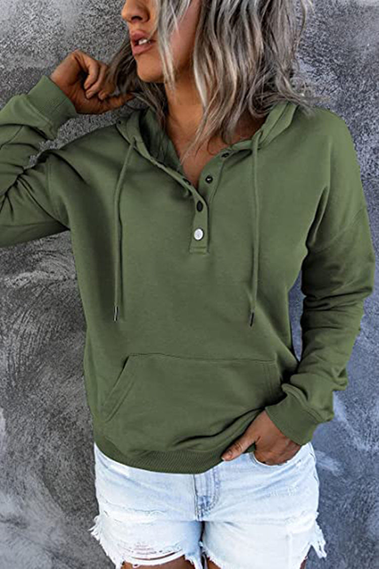 Button-Placket Drawstring Hooded Sweatshirt