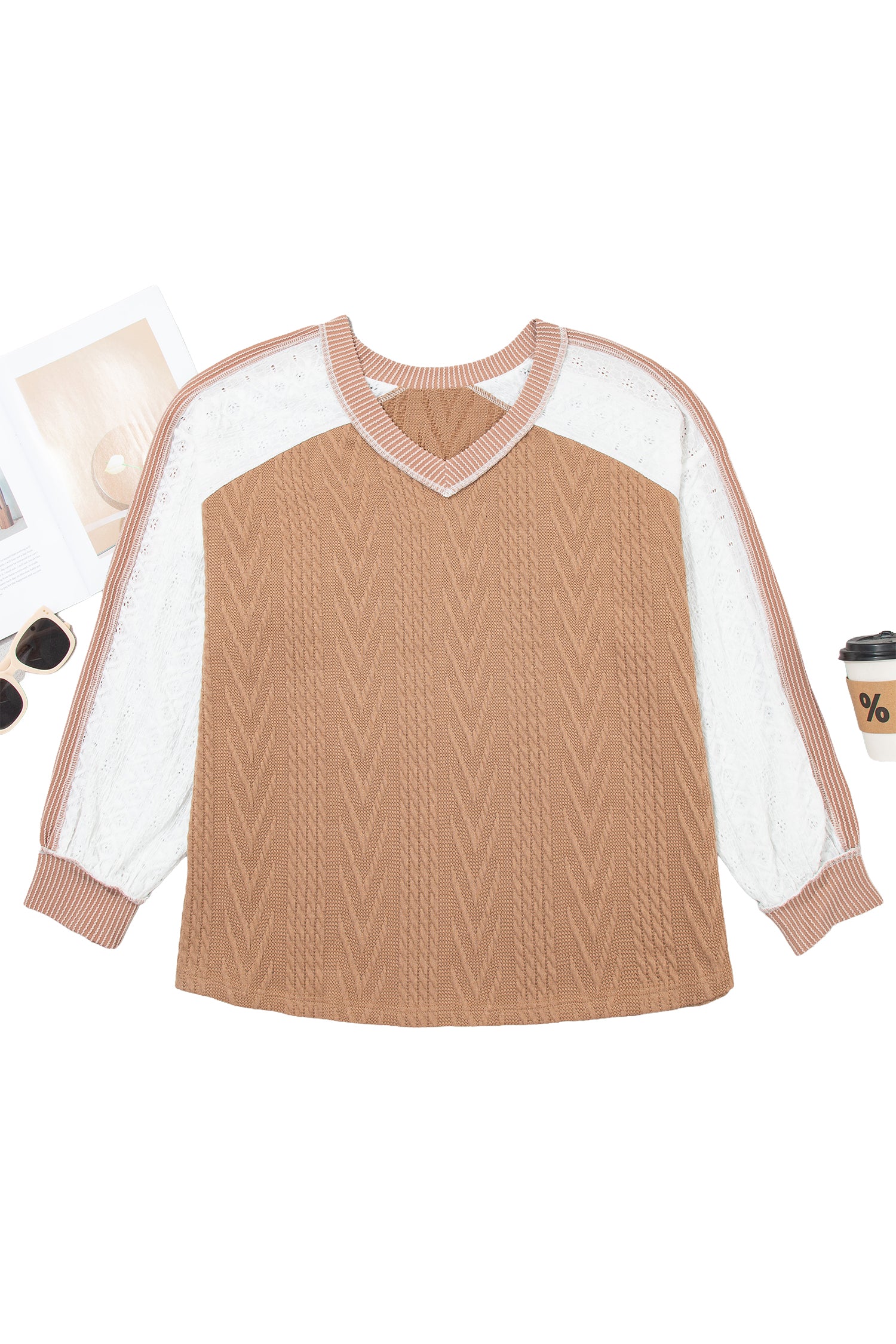 V-Neck Lace Sleeve Patchwork Blouse