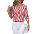 Striped V-Neck Button-Up Shirt