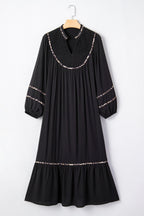 Leopard-Trim Split-Neck Long-Sleeve Midi Dress