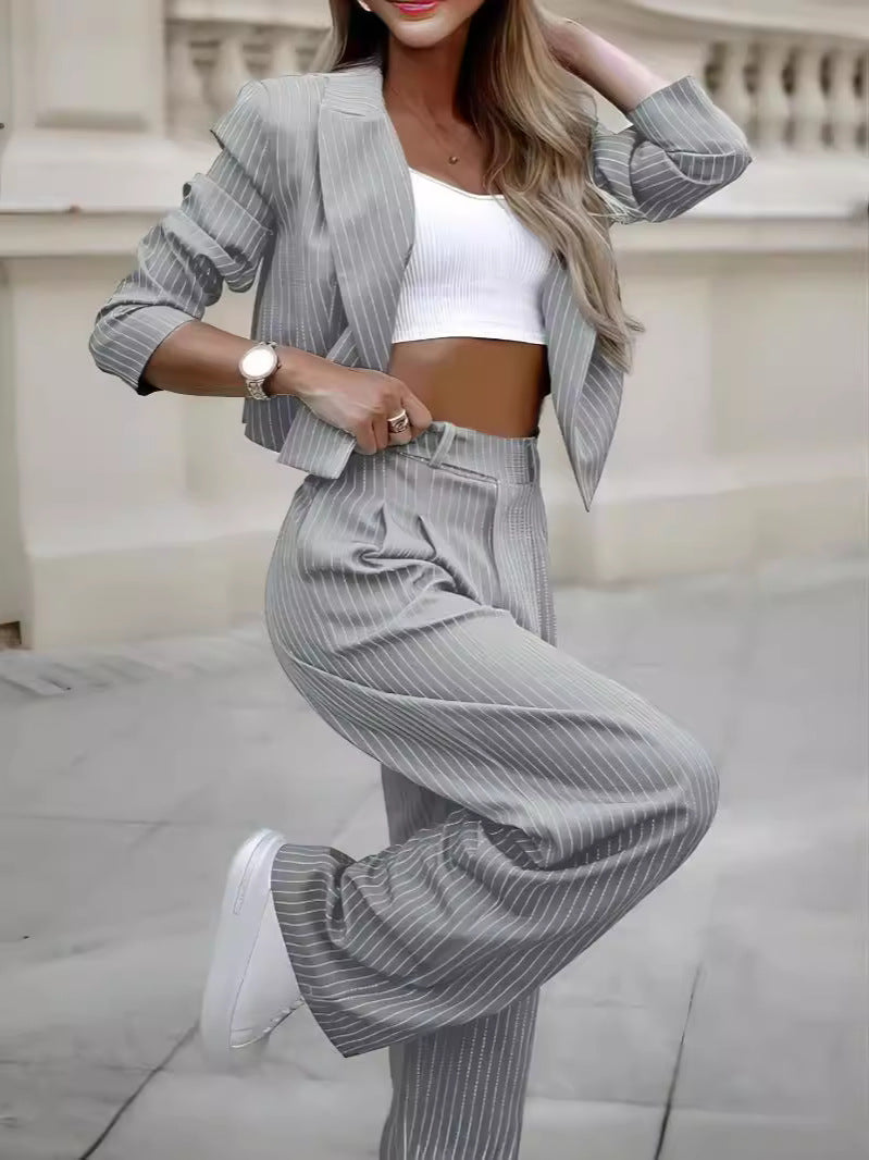 Pinstripe Cropped Blazer and Wide-Leg Pants Set