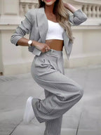 Pinstripe Cropped Blazer and Wide-Leg Pants Set