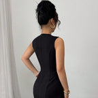 Woman wearing the Modarine contrast pleated-hem sleeveless mini dress