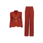 Puff-Sleeve Peplum Blazer and Pants Two-Piece Set