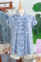 Striped Polka Dot Pleated Ruffle-Sleeve Shirt