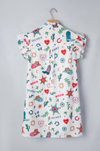 White Western Print Flutter Sleeve Button-Down Mini Dress