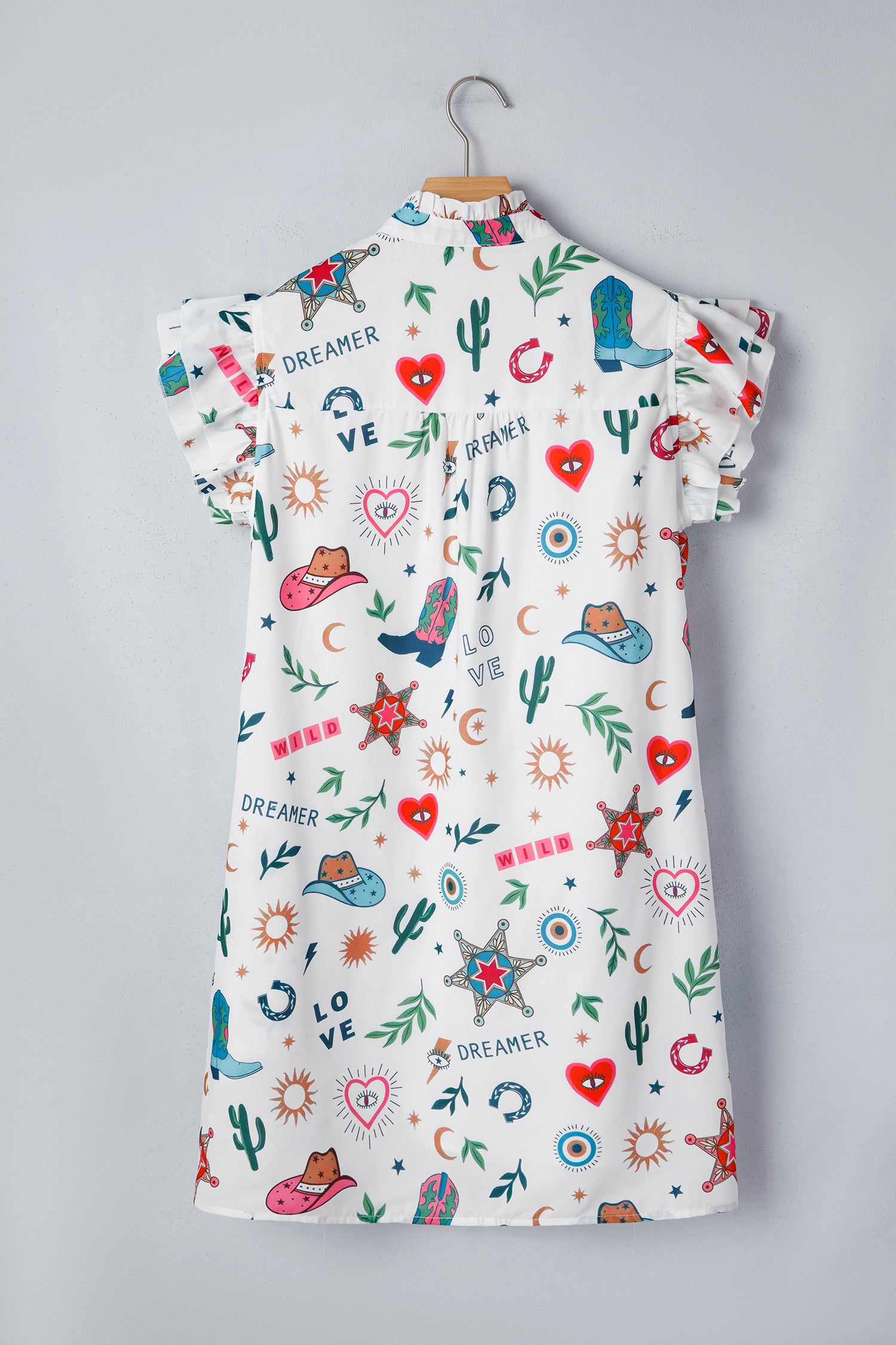 White Western Print Flutter Sleeve Button-Down Mini Dress