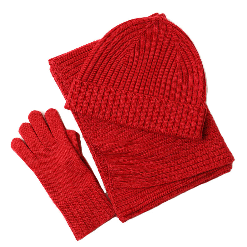 Ribbed Wool Beanie, Scarf and Gloves Set