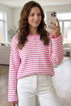 Striped Button Placket Drop Shoulder Sweater