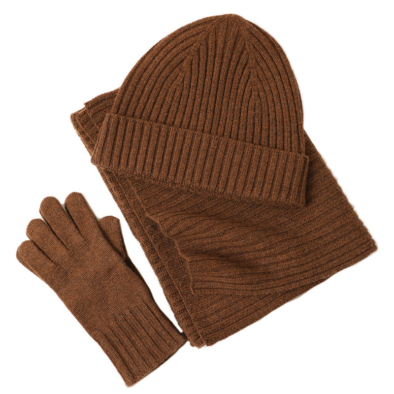 Ribbed Wool Beanie, Scarf and Gloves Set