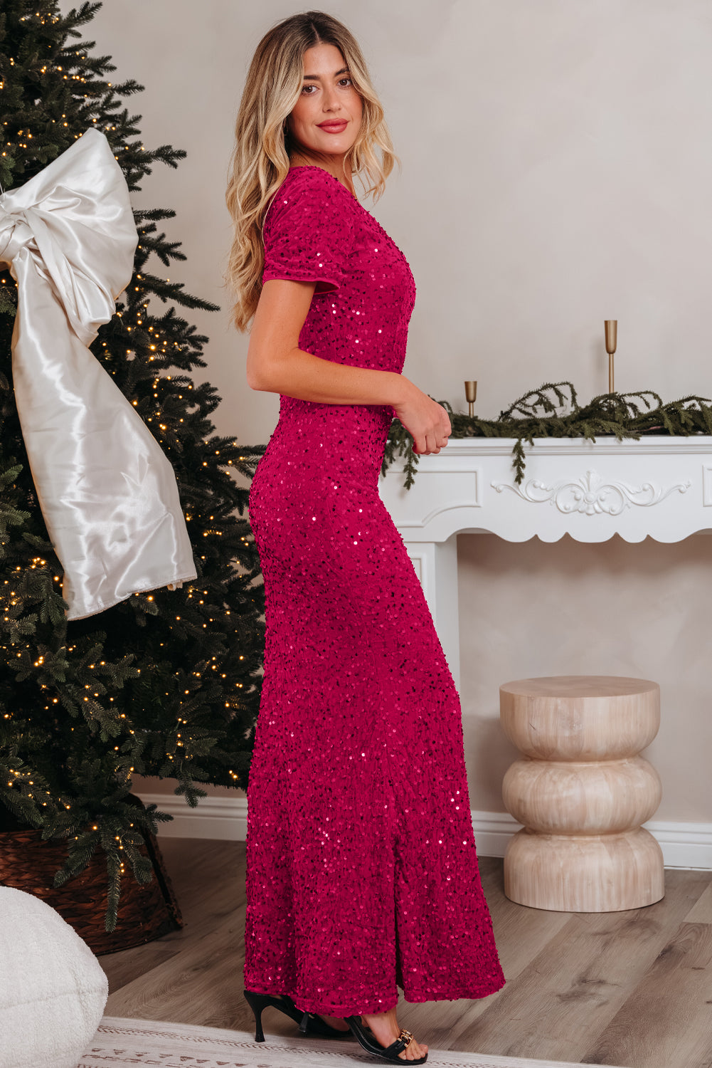 One-Shoulder Sequin Gown with Thigh Slit