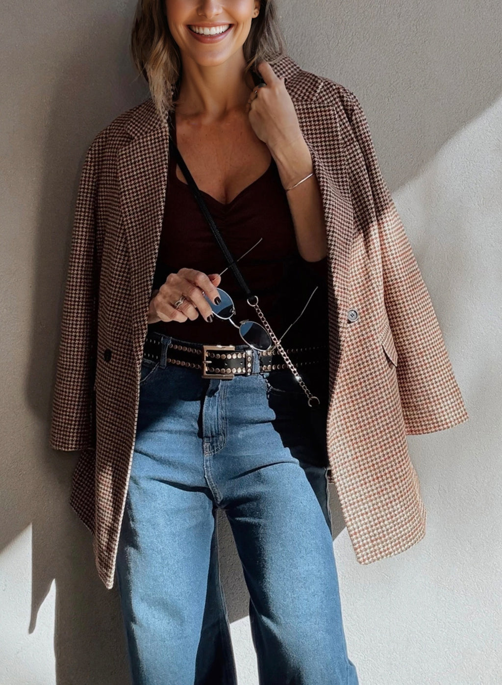 Houndstooth Lapel-Collar Blazer