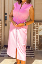 V-Neck Sleeveless Zip-Front Shift Midi Dress