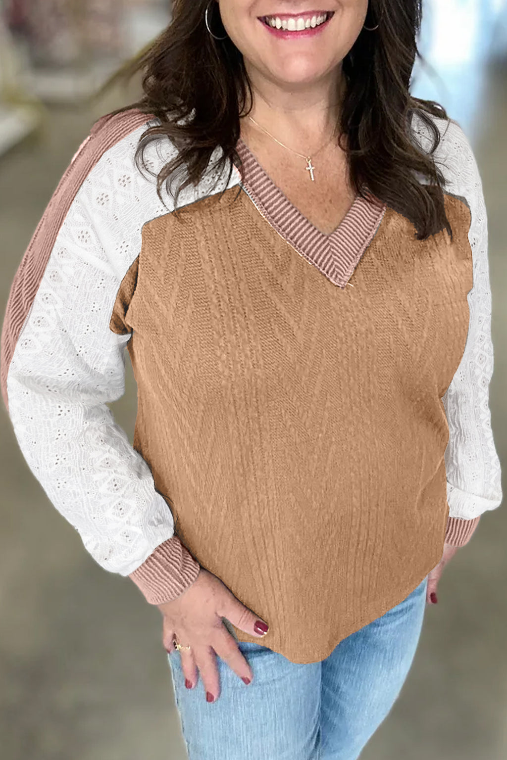 V-Neck Lace Sleeve Patchwork Blouse