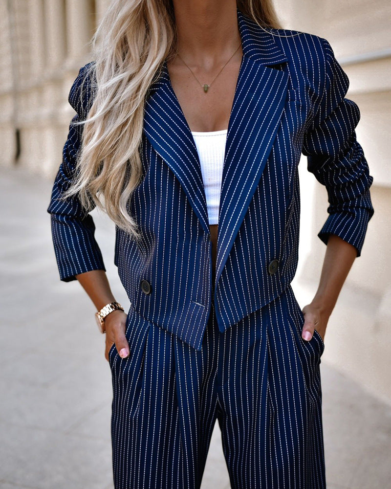 Pinstripe Cropped Blazer and Wide-Leg Pants Set