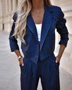 Pinstripe Cropped Blazer and Wide-Leg Pants Set