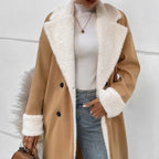 Plush-Trim Double-Breasted Longline Coat