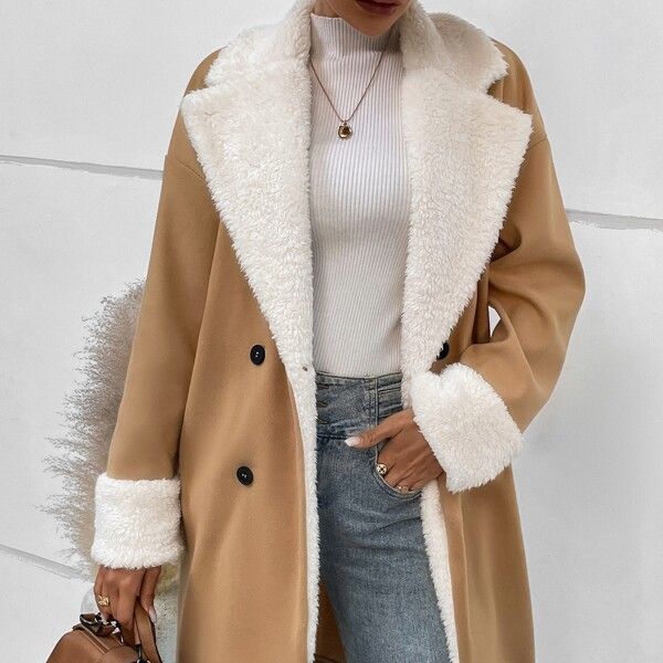 Plush-Trim Double-Breasted Longline Coat