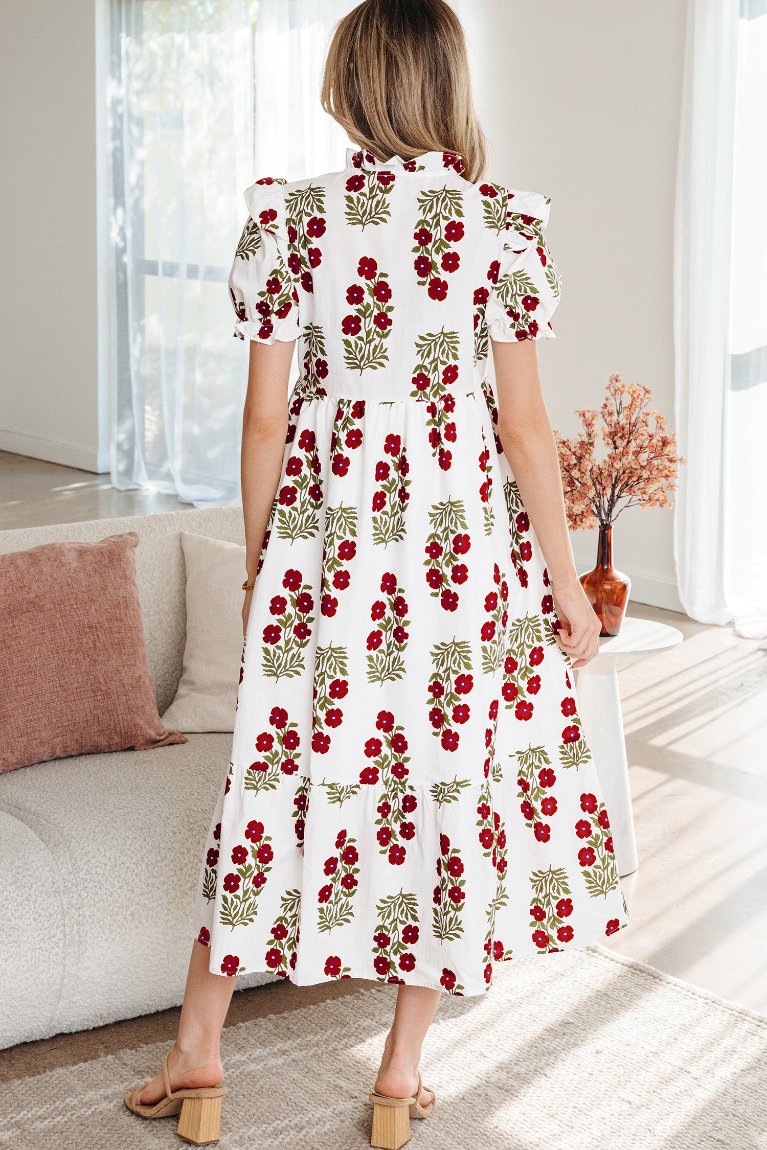 Floral Bubble-Sleeve Tiered Maxi Dress