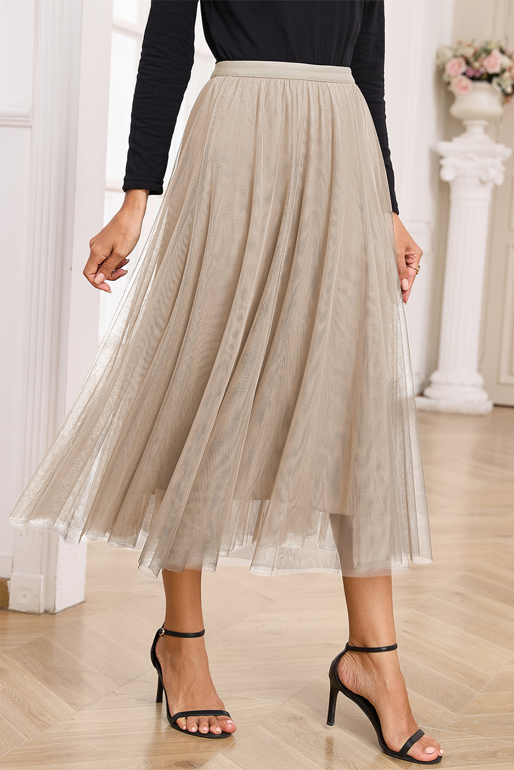 Tulle Overlay Flared Midi Skirt