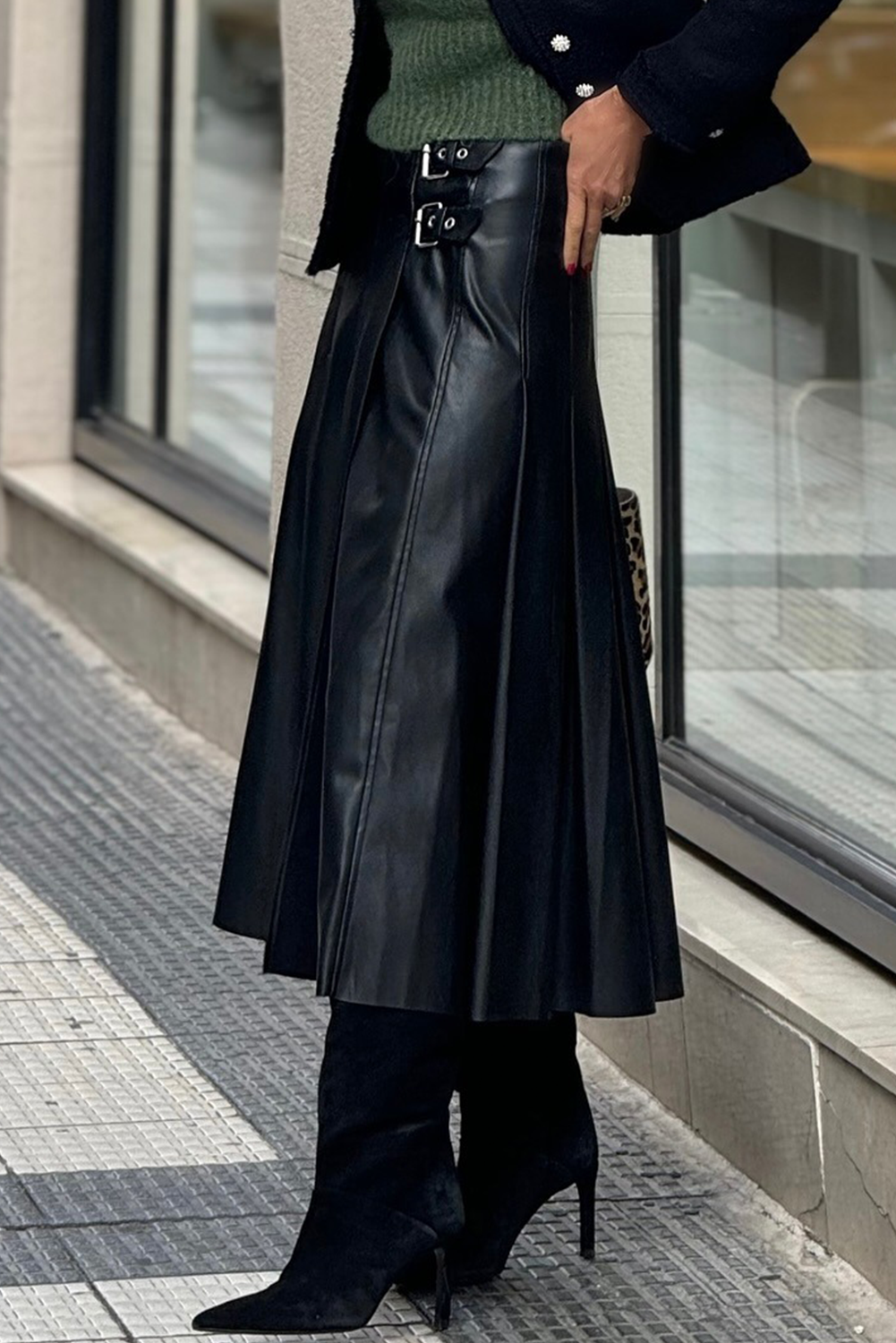 Faux Leather Buckle-Detail Pleated Midi Skirt