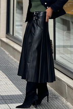 Faux Leather Buckle-Detail Pleated Midi Skirt
