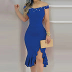 Off-Shoulder Ruffled Sheath Midi Dress
