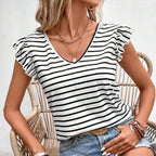Striped Flutter-Sleeve Tie-Back Top