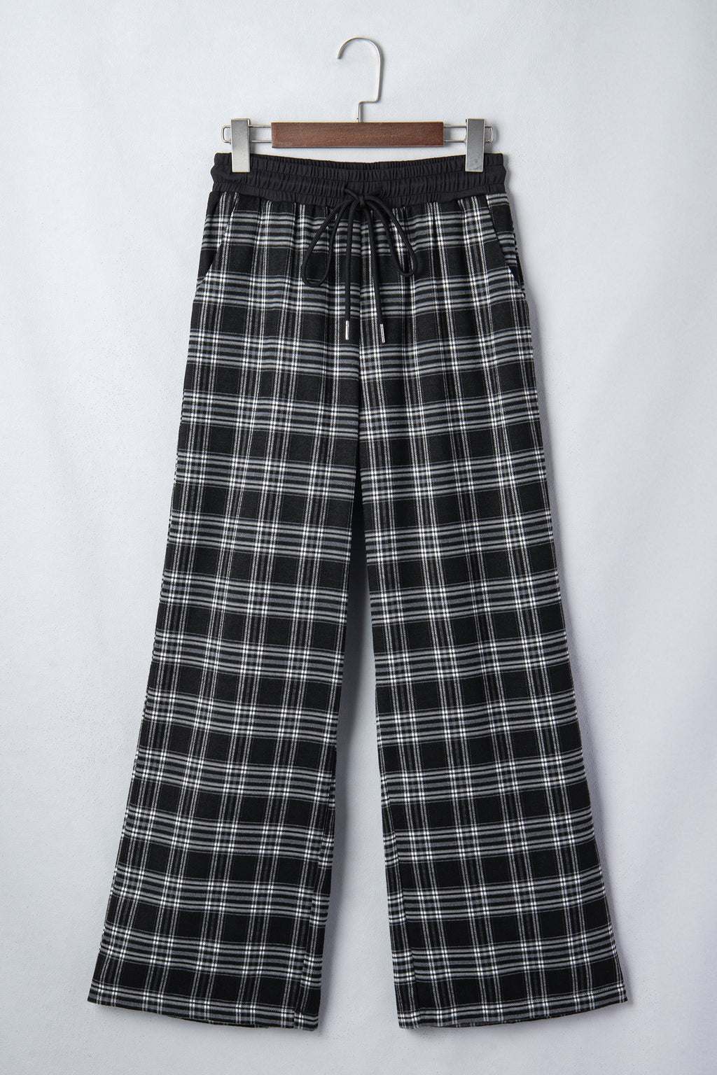 Plaid Contrast Drawstring Wide-Leg Pants