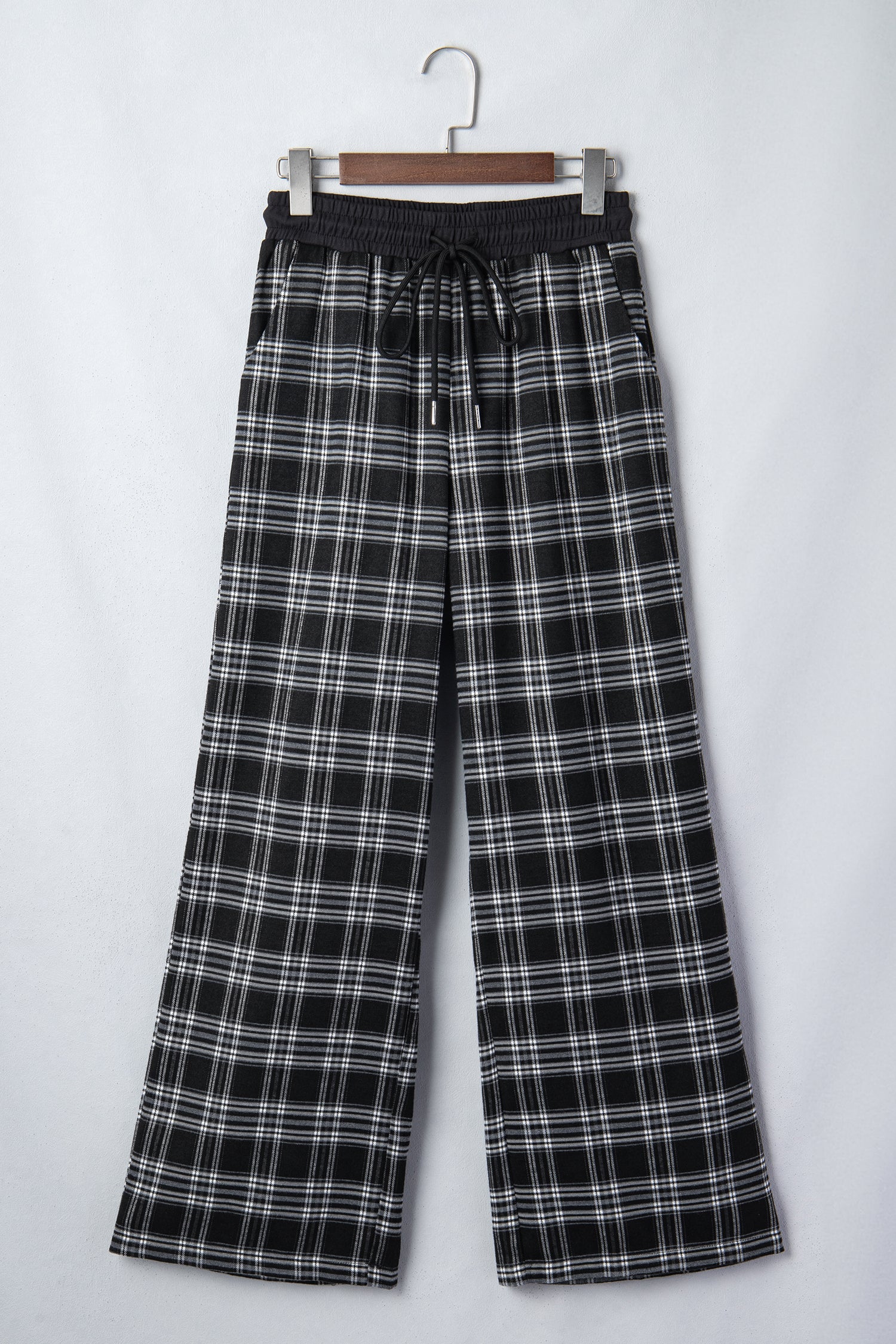 Plaid Contrast Drawstring Wide-Leg Pants