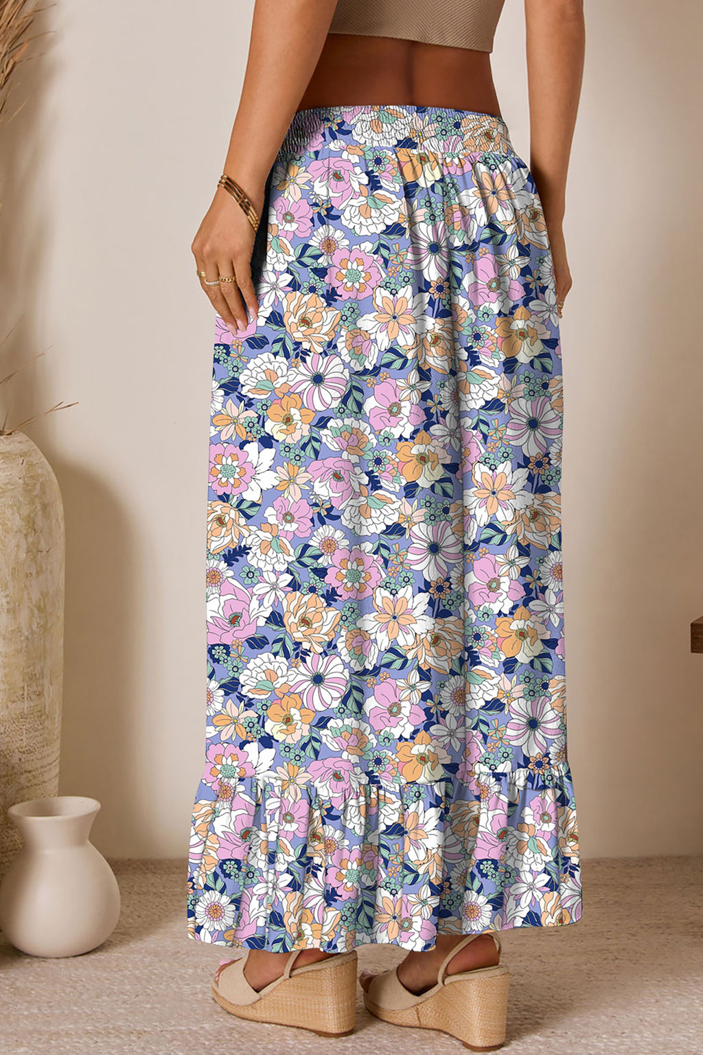 Floral Print Drawstring Ruffle-Hem Maxi Skirt