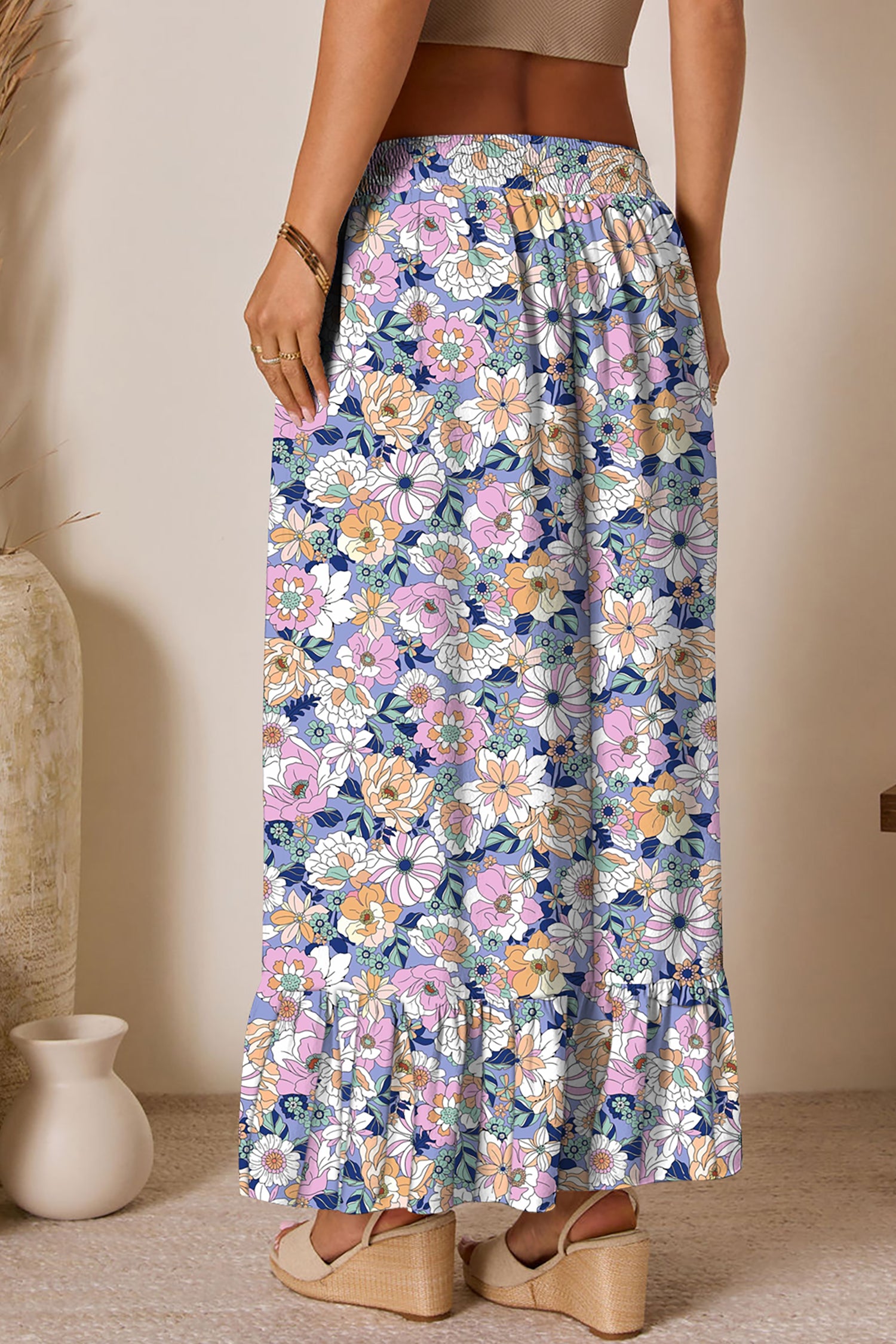 Floral Print Drawstring Ruffle-Hem Maxi Skirt