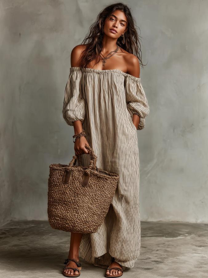 Woman wearing the Modarine striped off-shoulder puff-sleeve maxi dress