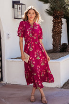 Red Floral Ruffle V Neck Short Sleeve Maxi Dress