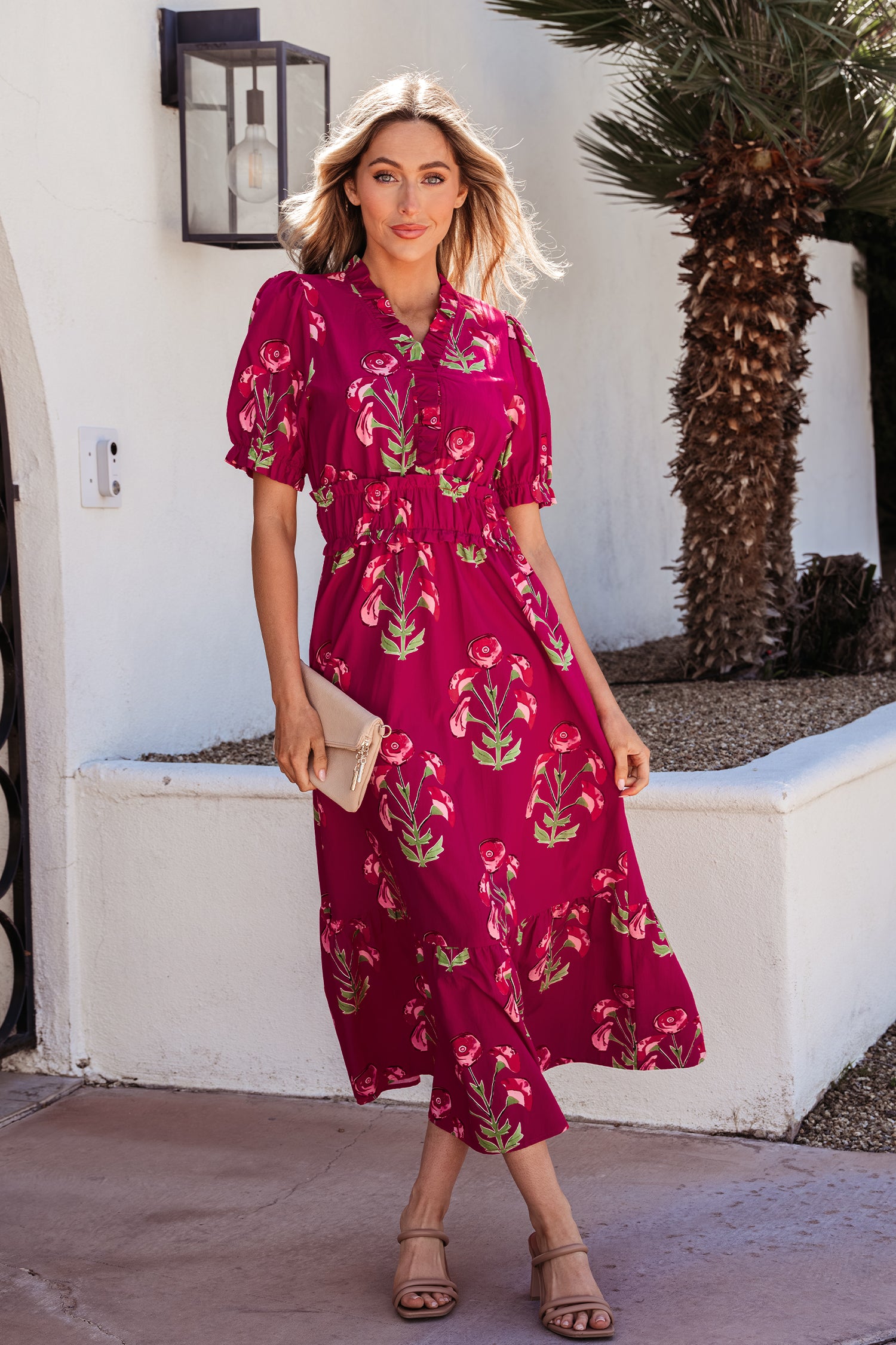 Red Floral Ruffle V Neck Short Sleeve Maxi Dress