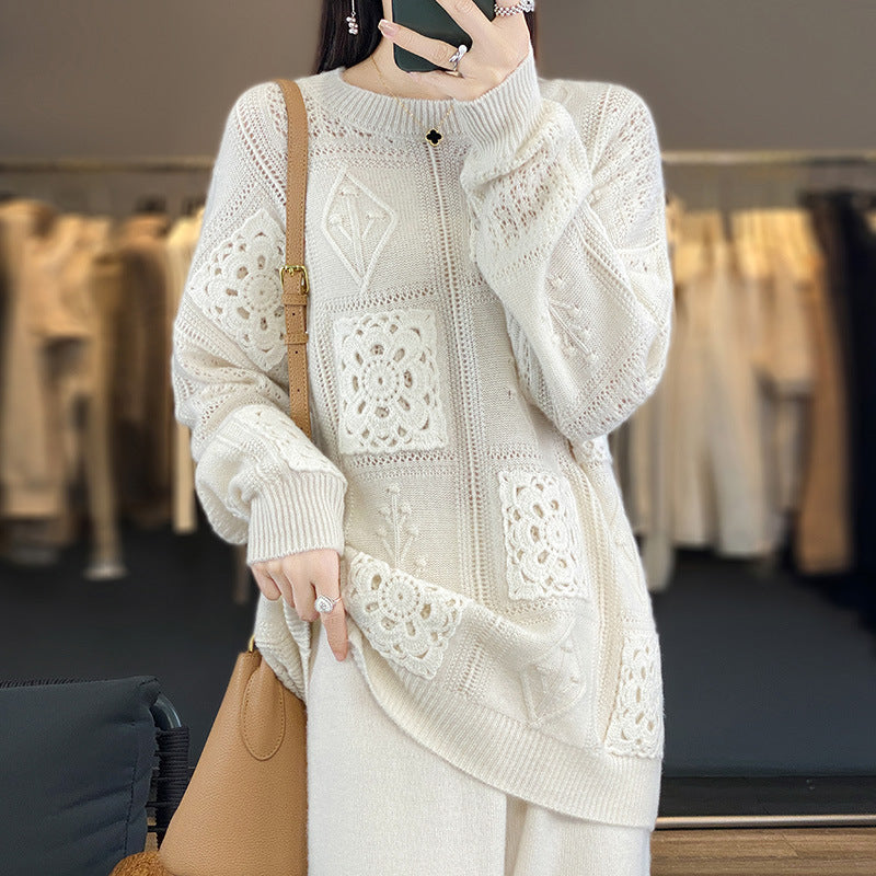 Crochet Hollow-Out Wool Crew-Neck Sweater