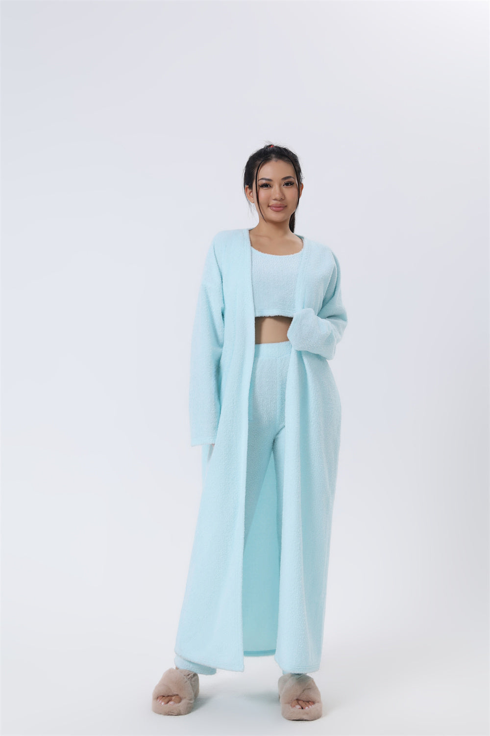 Fluffy Knit Wide-Leg Pants 3-Piece Pajama Set
